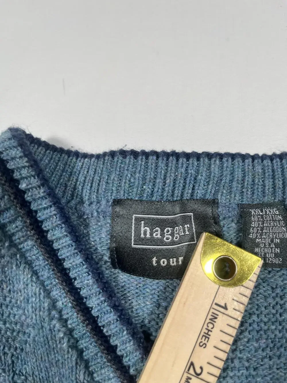 Vintage Haggar Sweater Mens 2XL Blue V Neck Golf Argyle Pullover Made USA 90s